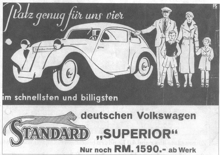 Zeitgenoessische Werbeanzeige fuer den Standard Superior mit dem Slogan Platz genug fuer uns vier