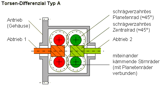 Schemazeichnung eines Torsen-Differenzials vom Typ A